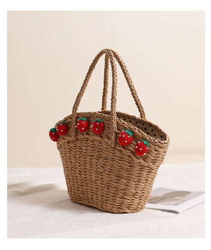 Cute Strawberry Portable Vegetable Basket Bag Hand Carrying Large Capacity Straw Bag Vacation Beach Bag Hand Woven Bag